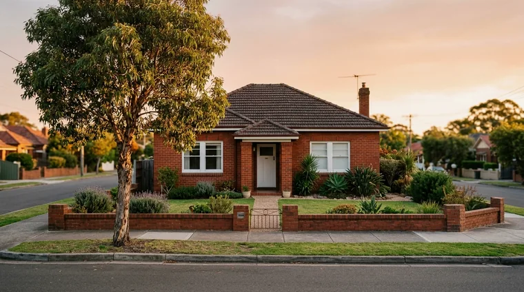 A brick house at dusk with its front windows lit
