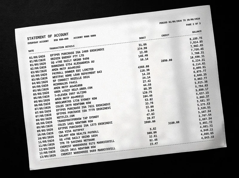 A printed bank statement on black, its lines in capitals and codes: EFTPOS PURCHASE IGA, SQ *THE DAILY GRIND, TRANSPORTFORNSW TAP SYDNEY.