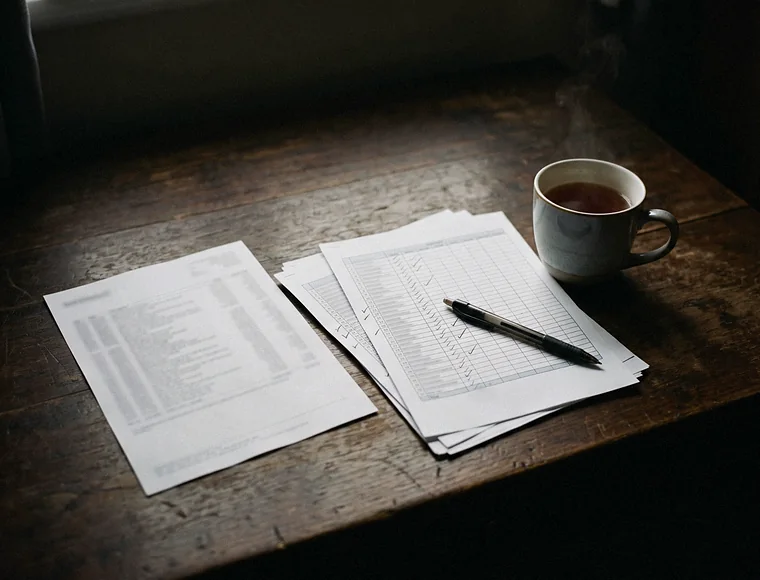 A printed bank statement beside ticked-off spreadsheet printouts, a pen and a cup of tea on a dark wooden desk