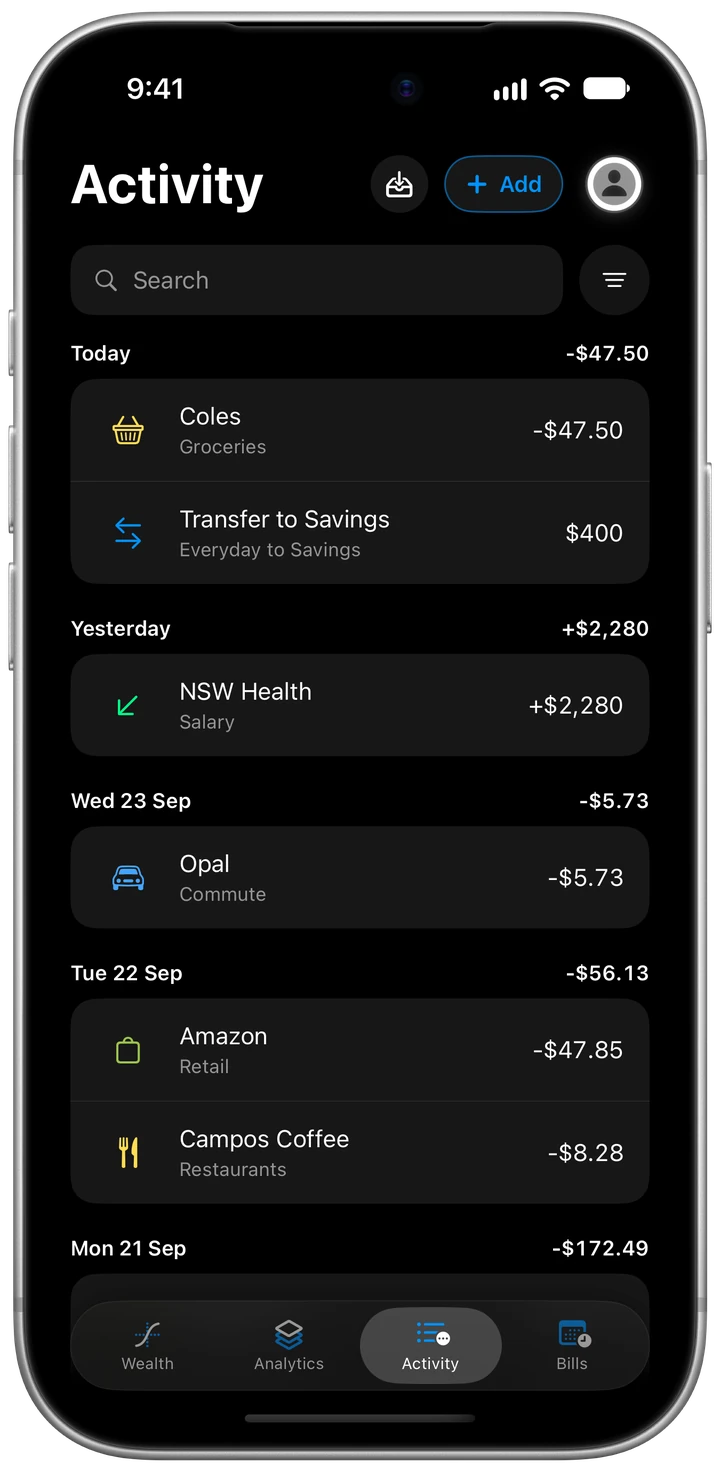 Korelda's Activity screen: the week's transactions with clean payee names and categories