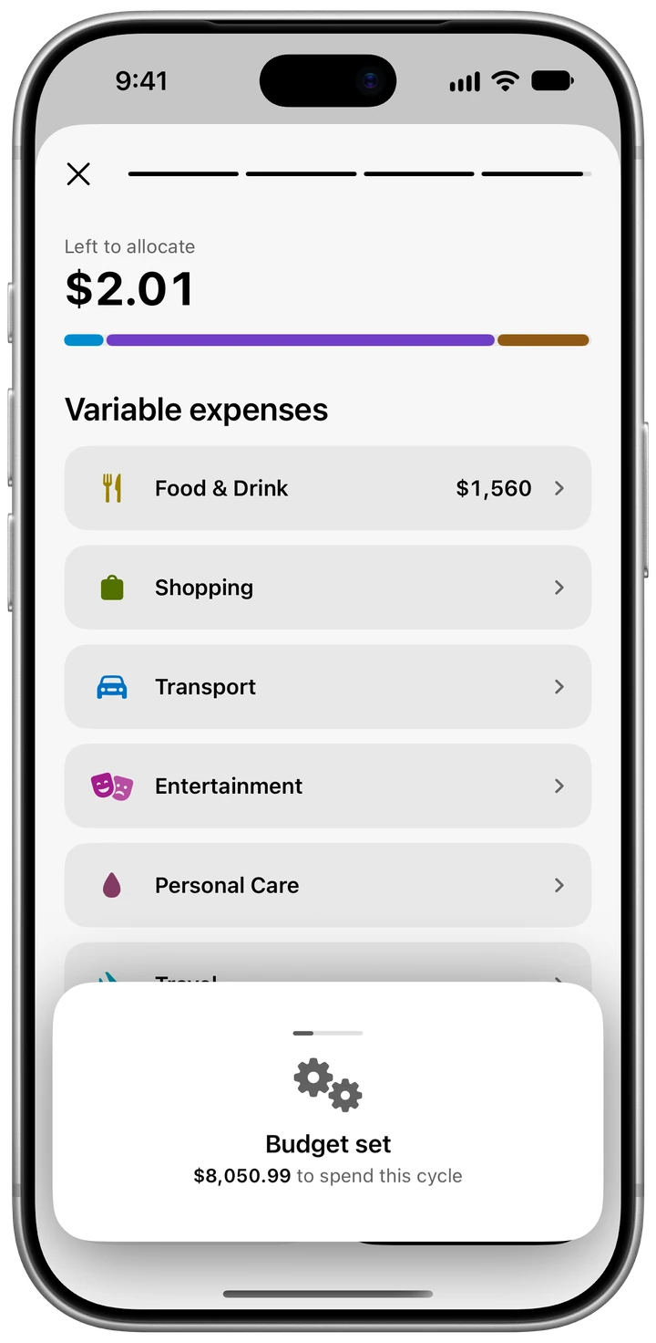 Setting up a budget in Korelda, in light mode: $8,753 of pay left to allocate, $700 into eight savings goals first, then $6,490.99 of fixed expenses from Home to Entertainment, then $1,560 for groceries, restaurants and cafes, leaving $2.01, until the budget is set with $8,050.99 to spend this cycle.
