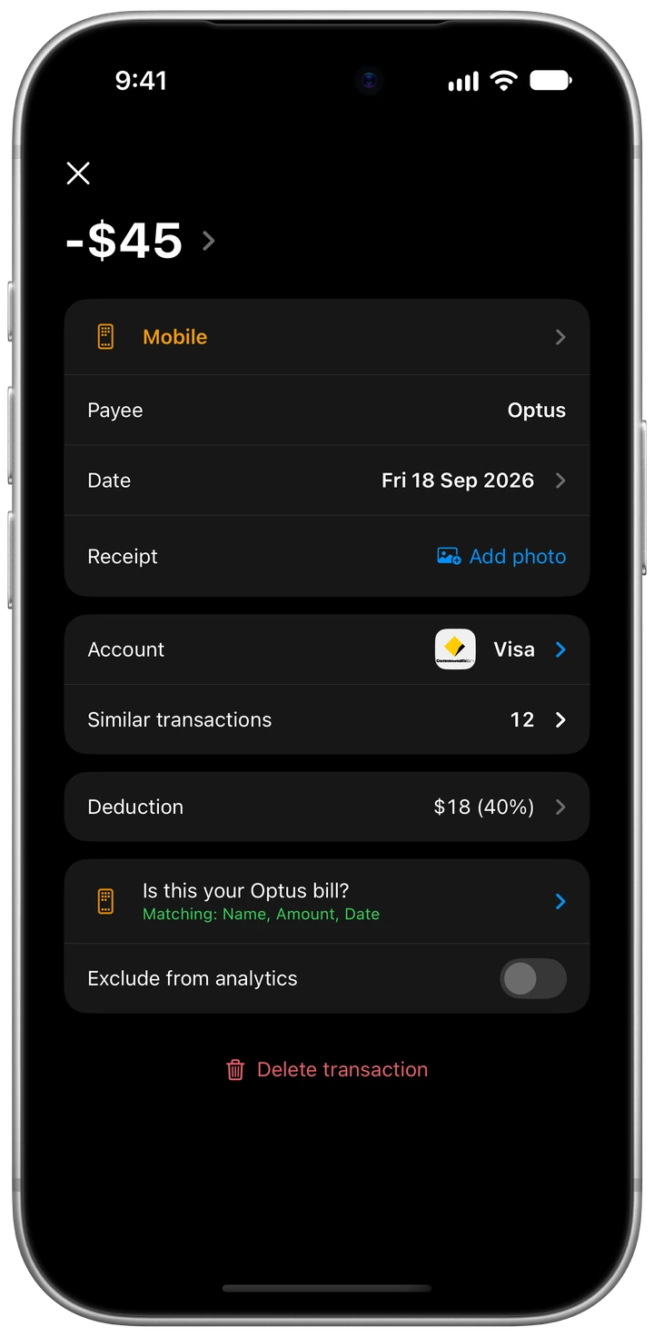 A $45 Optus mobile bill in Korelda with $18 of it, 40%, marked as a deduction