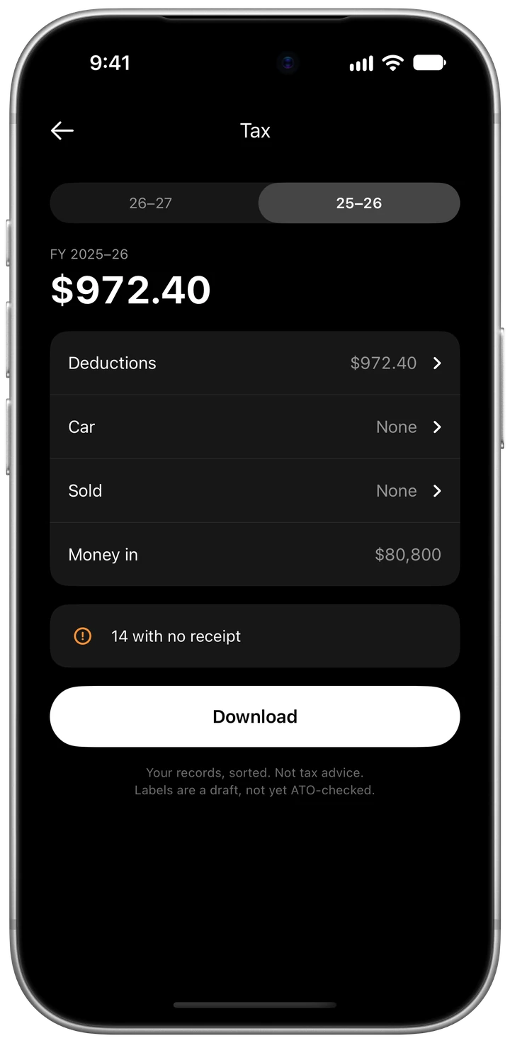 Korelda’s Tax screen for the 2025 to 2026 year: $972.40 of deductions, with rows for deductions, car, sold and money in, and a download button.