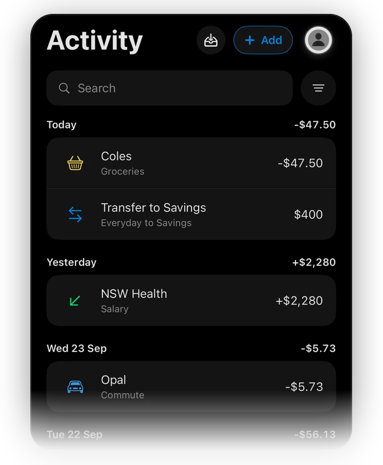 Activity: payments with clean names and their categories, day by day
