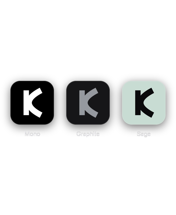 Korelda’s three app icons: Mono, Graphite and Sage