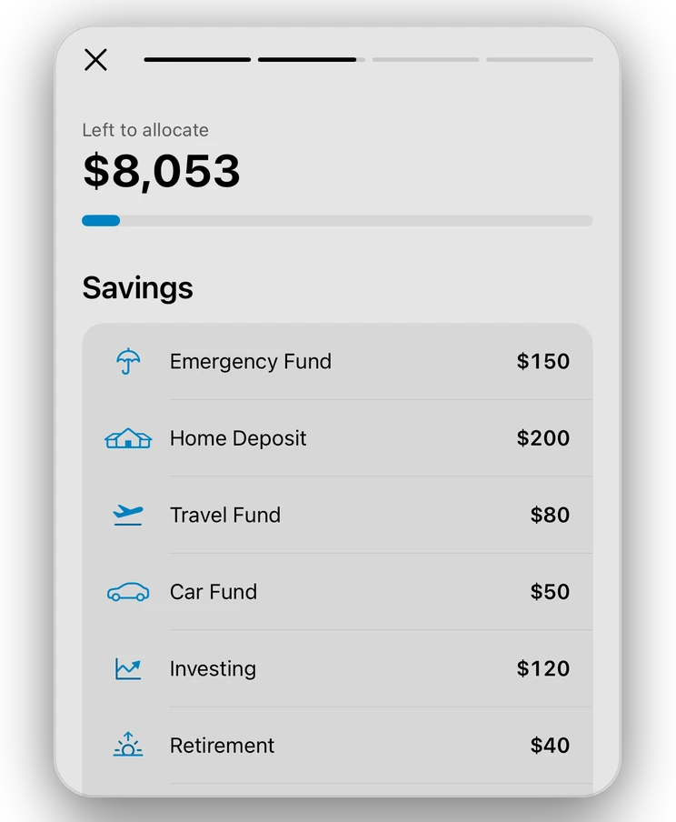 The budget set-up step: Left to allocate $8,053, with savings going to all eight goals first, from the Emergency Fund to a Rainy Day fund