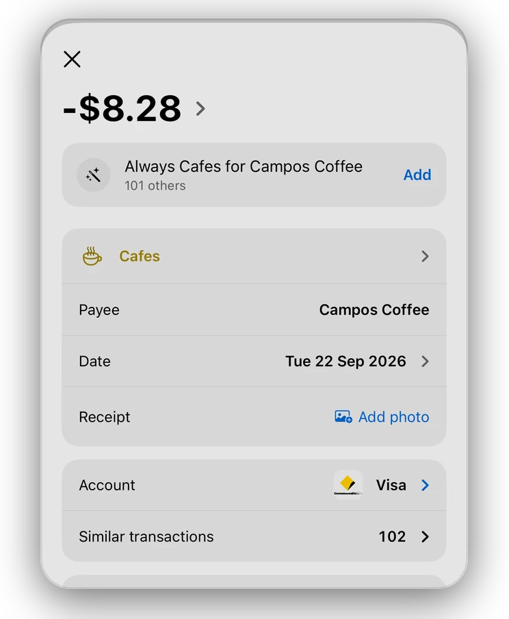 A payment moved to Cafes, with the offer: Always Cafes for Campos Coffee, 101 others, Add